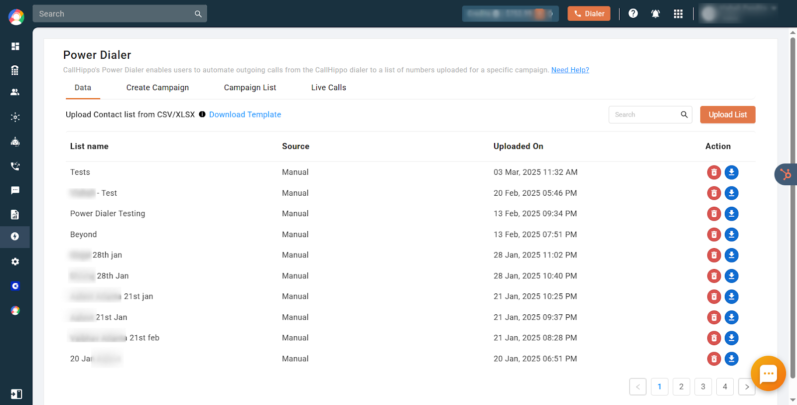 Power Dialer page on the Data tab showing uploaded contact lists and the Upload List button