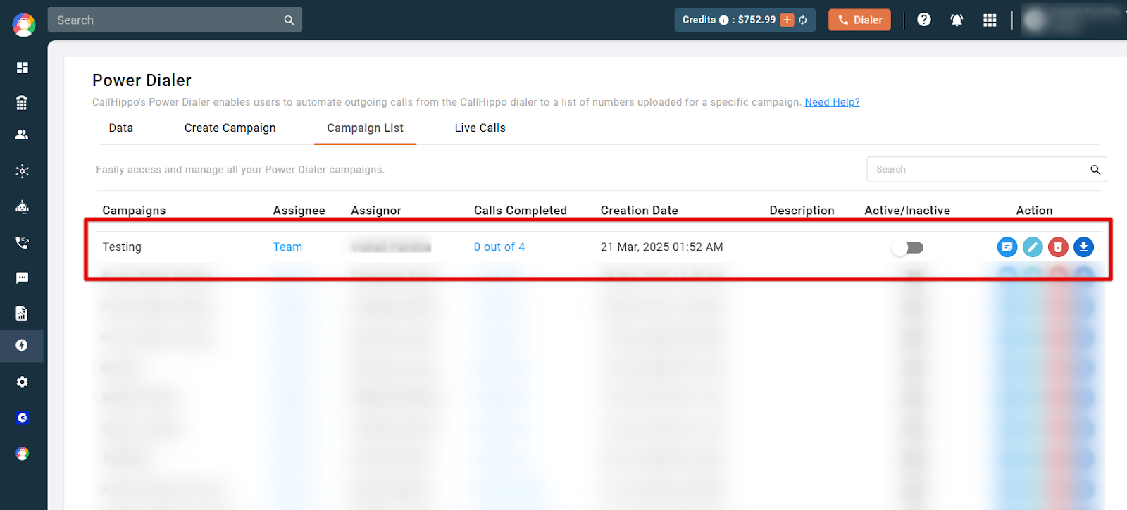 Power Dialer Campaign List with a campaign row and its active toggle highlighted