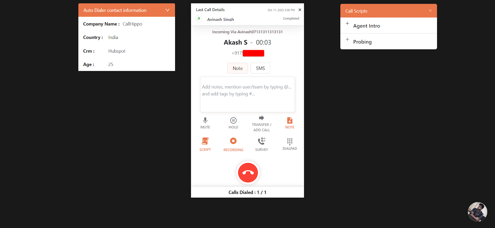Agent dialer during a call showing contact information on the left, call controls in the center and call scripts on the right