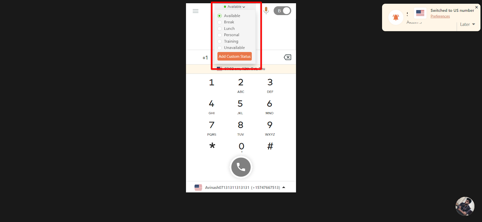 Dialer availability dropdown showing Available, Break, Lunch, Personal, Training and Unavailable statuses