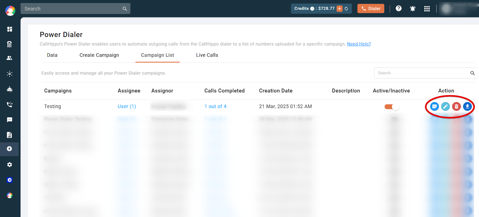 Campaign List with the action buttons to view, edit, delete and download a campaign highlighted