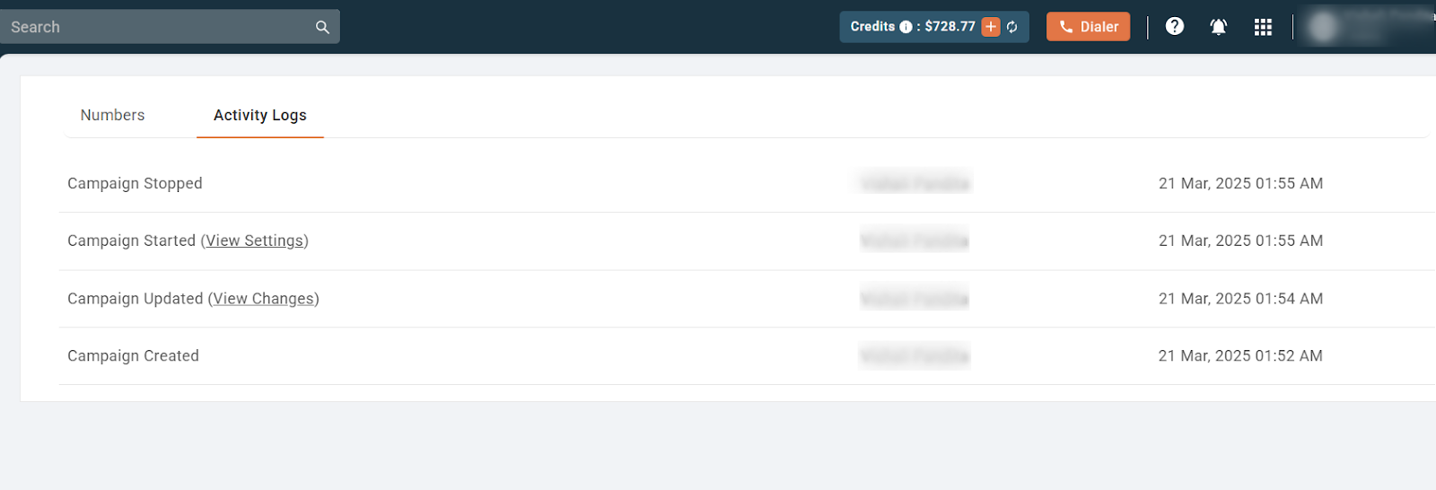 Campaign Activity Logs listing Campaign Stopped, Started, Updated and Created entries with timestamps and user names