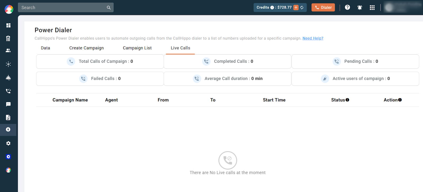 Power Dialer Live Calls tab showing total, completed, pending and failed call counts and average call duration