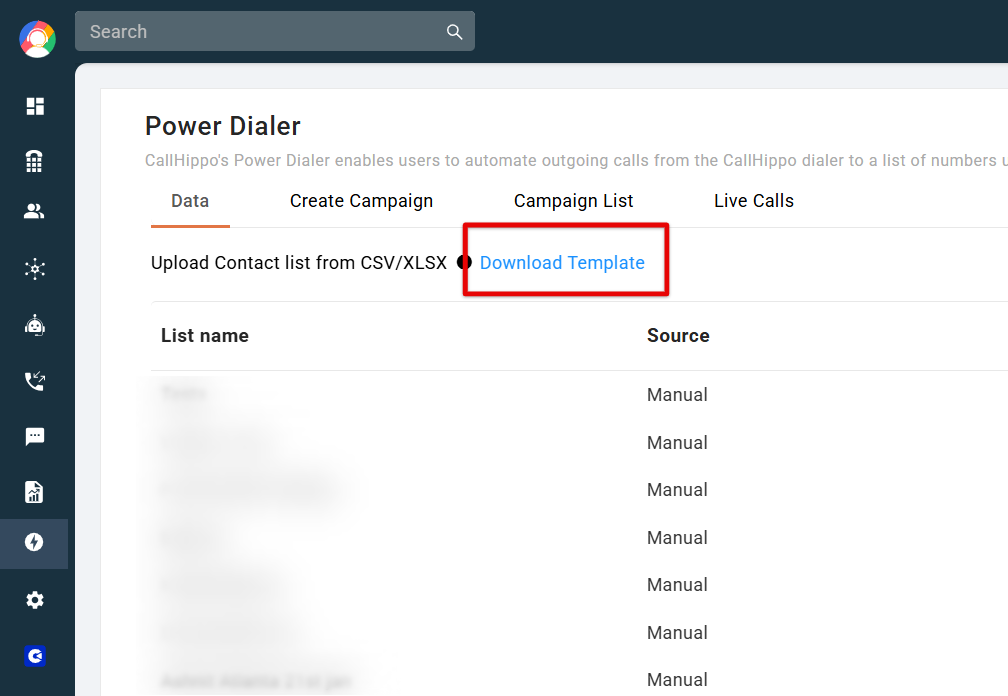 Power Dialer Data tab with the Download Template link highlighted