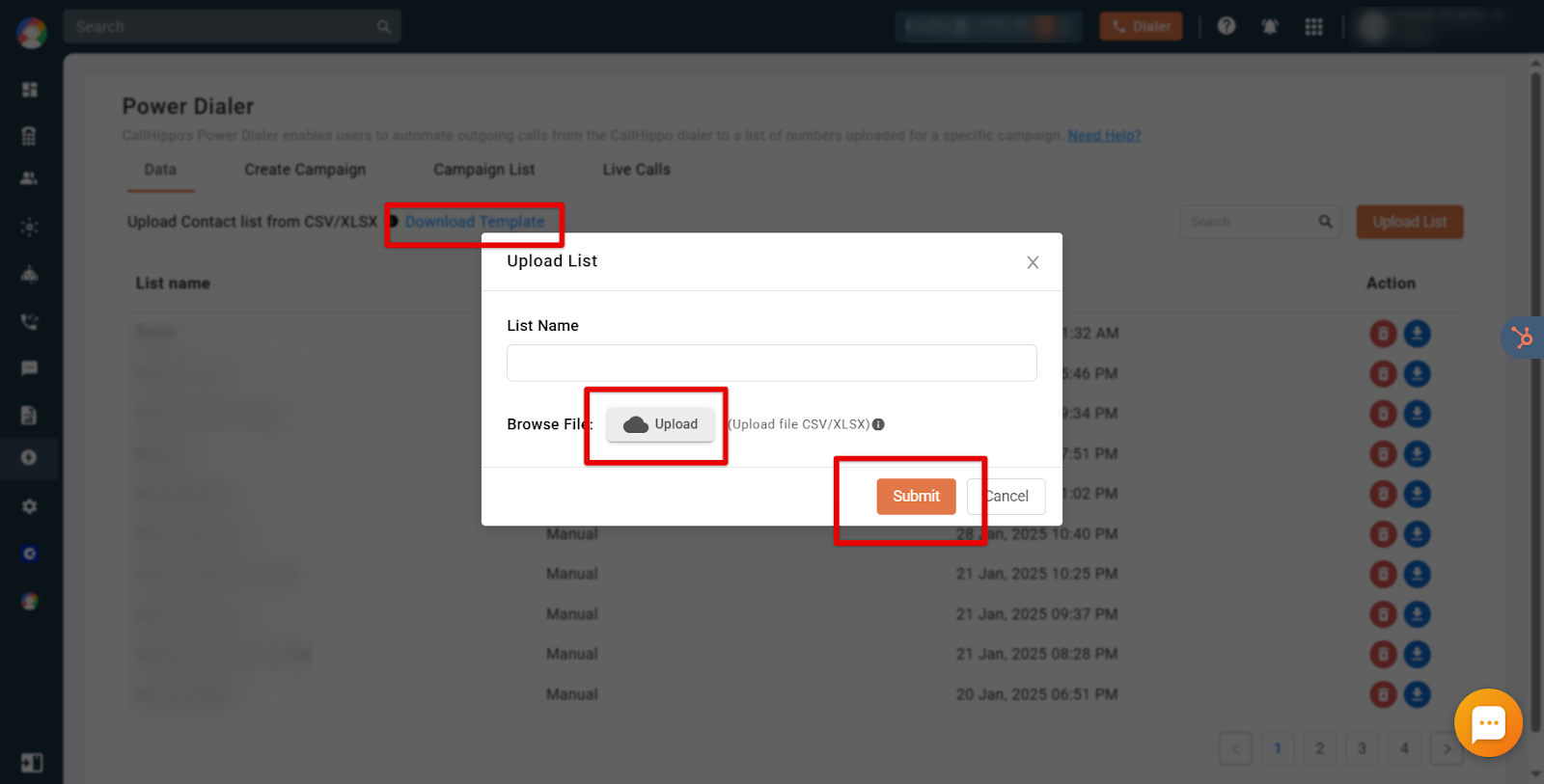 Upload List popup with the Download Template link, Upload button and Submit button highlighted