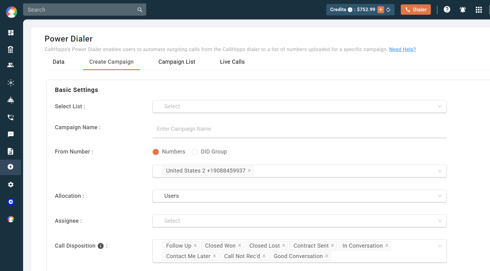 Power Dialer Create Campaign tab showing Select List, Campaign Name, From Number, Allocation and Assignee fields