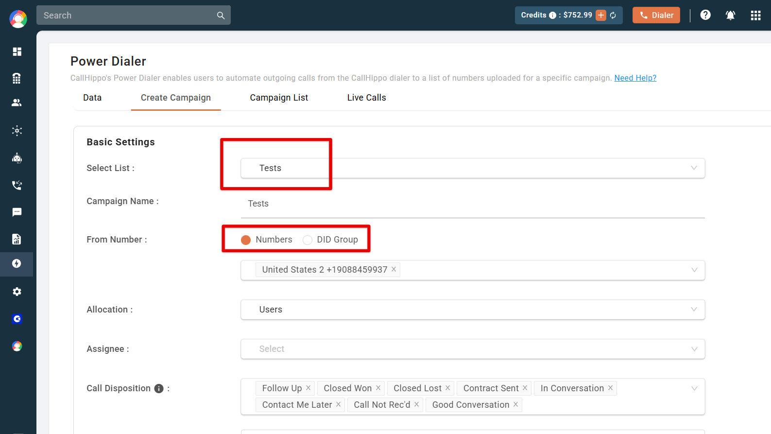 Create Campaign with a list selected and the From Number Numbers or DID Group options highlighted