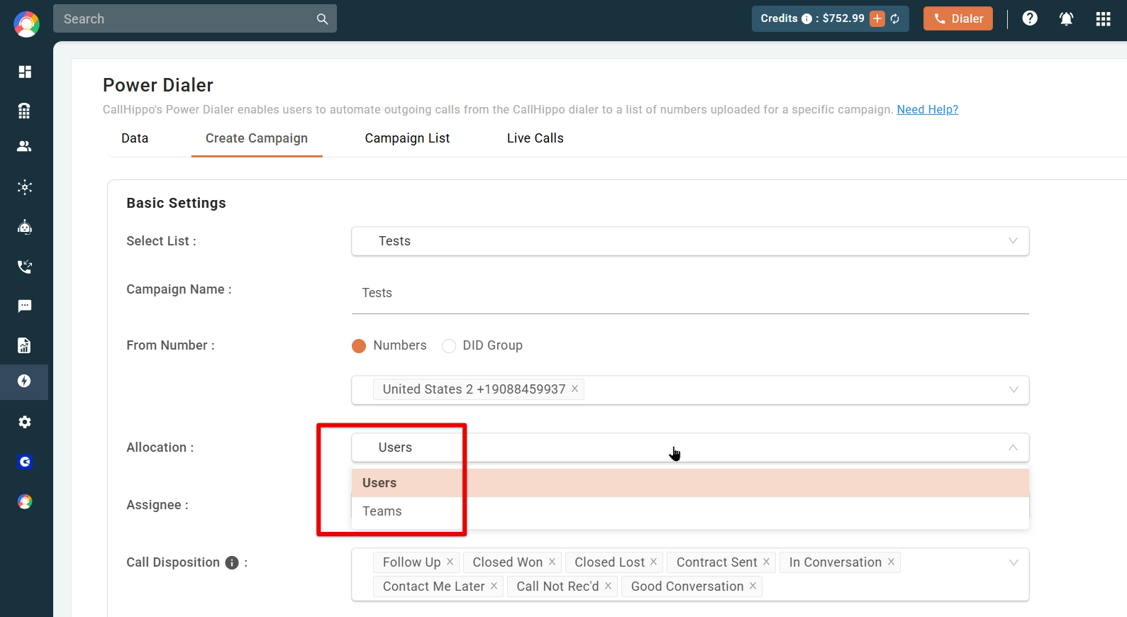 Allocation dropdown open in Create Campaign showing Users and Teams options