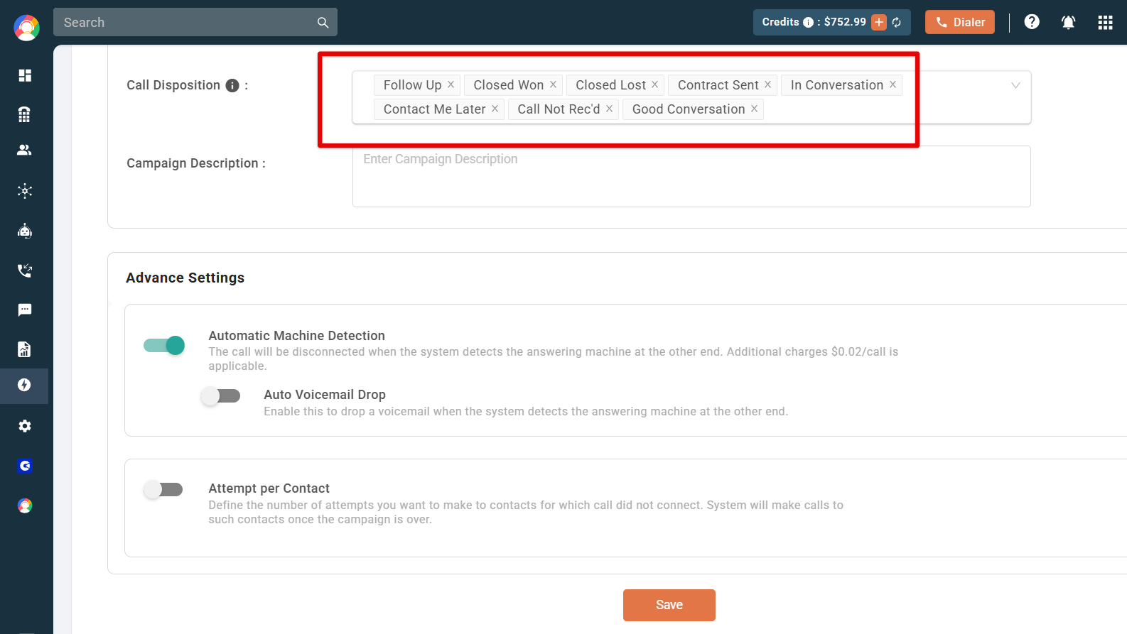 Create Campaign with the Call Disposition tags highlighted and a Campaign Description field below