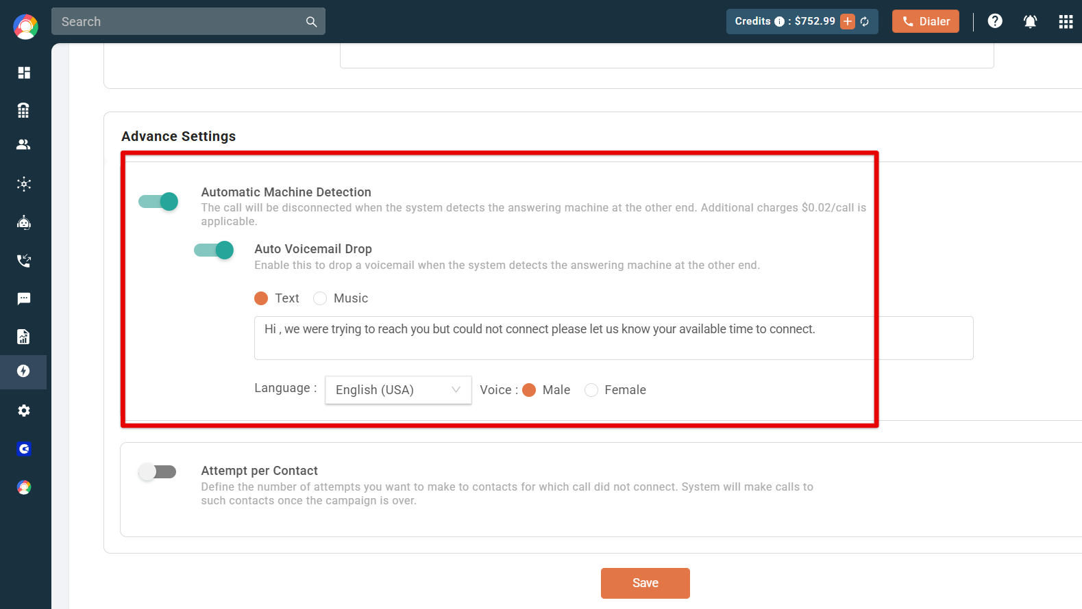 Advance Settings with Automatic Machine Detection and Auto Voicemail Drop enabled showing a text voicemail message, language and voice options