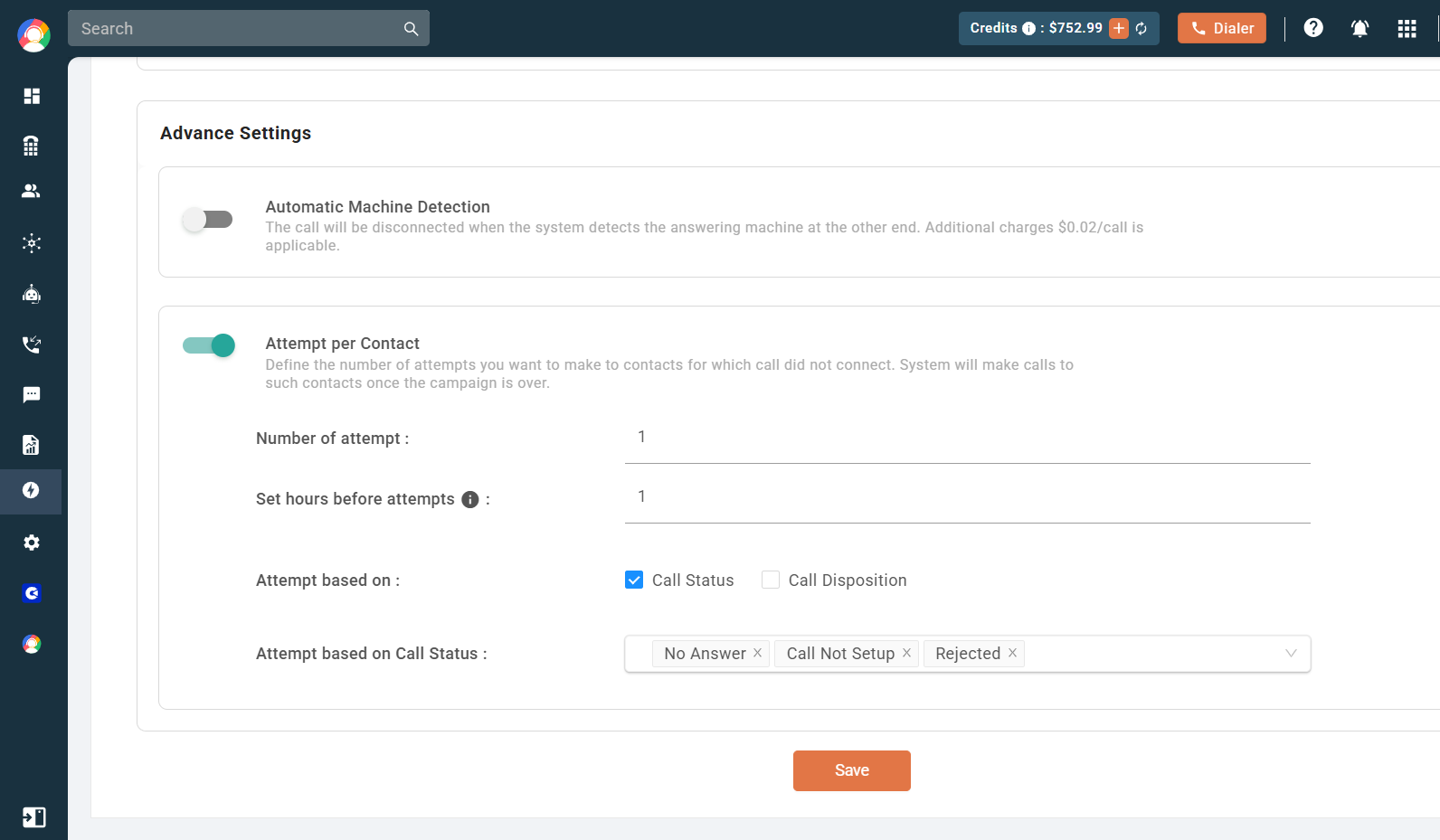Advance Settings with Attempt per Contact enabled showing number of attempts, hours before attempts and attempt based on call status options