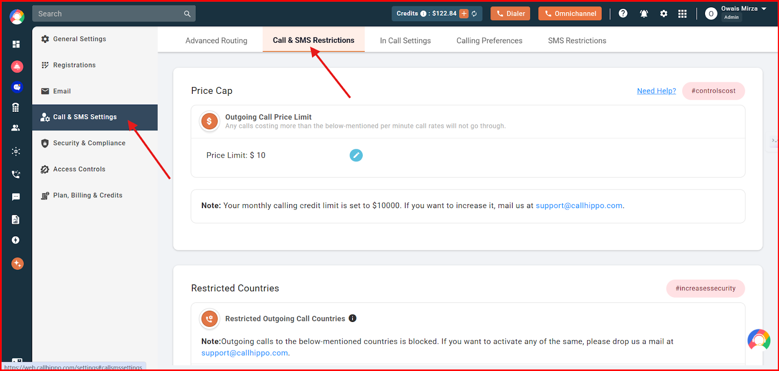 Call and SMS Settings page with the Call and SMS Restrictions tab highlighted