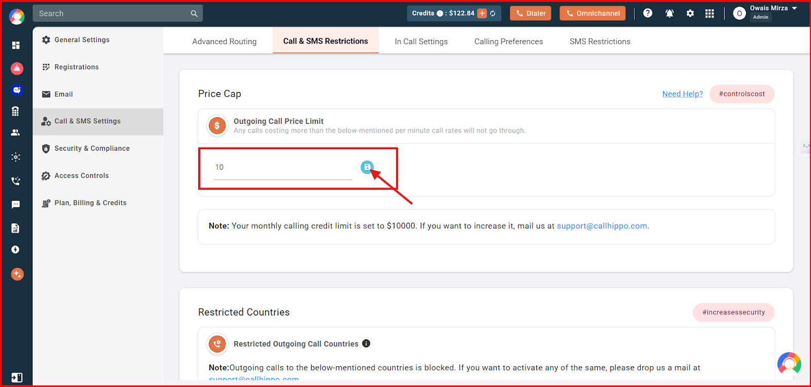 Entering the Price Cap amount with the save icon highlighted