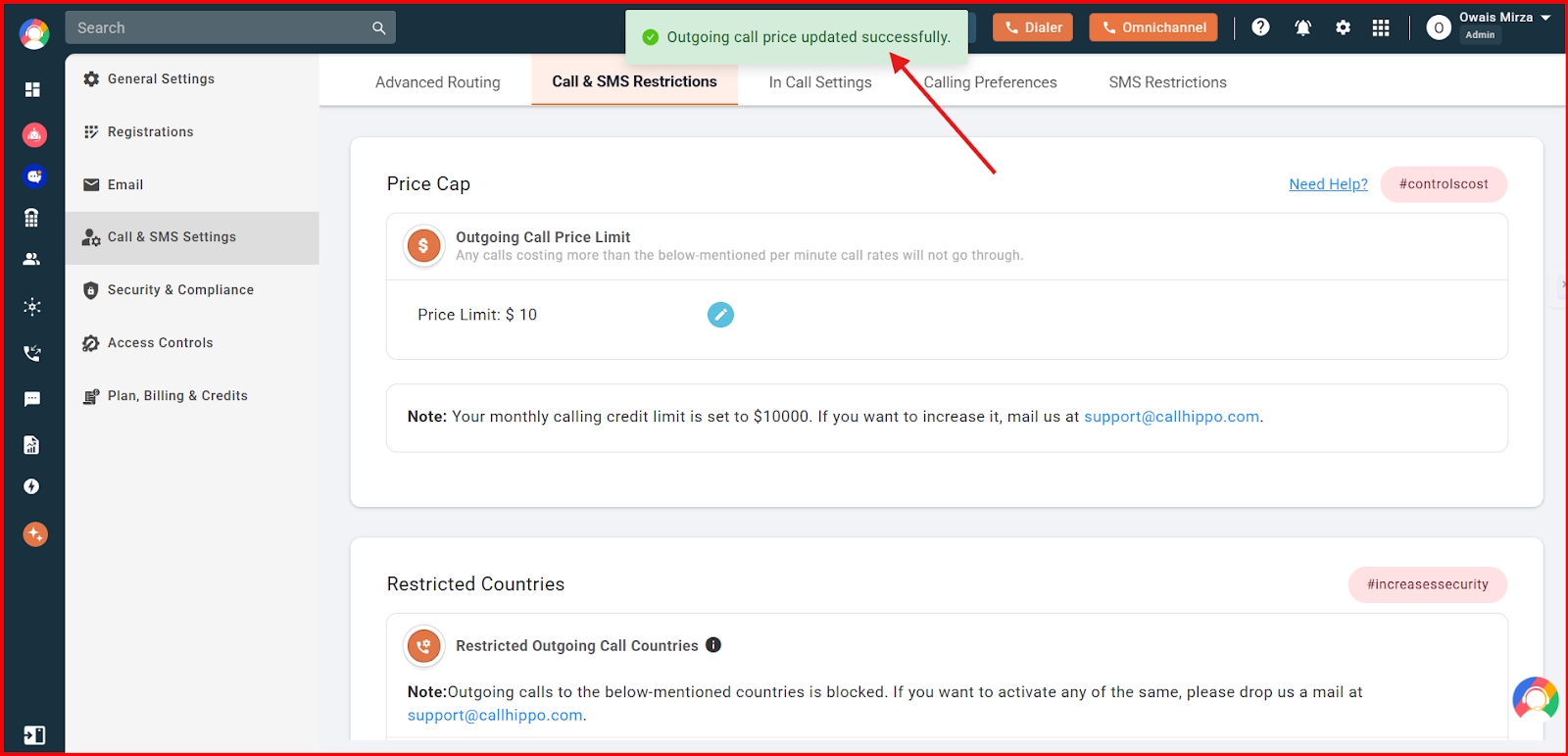 Confirmation message showing Outgoing call price updated successfully