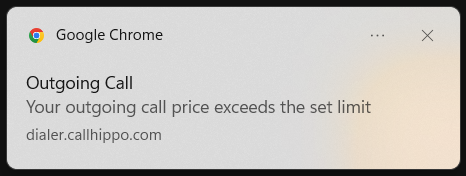 Pop-up notification reading Your outgoing call price exceeds the set limit