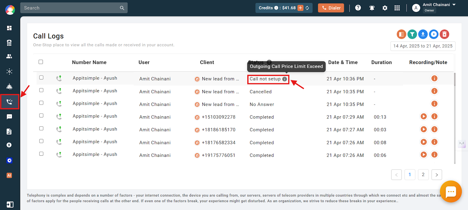 Call logs showing a blocked call with status Call not setup and Outgoing Call Price Limit Exceed reason