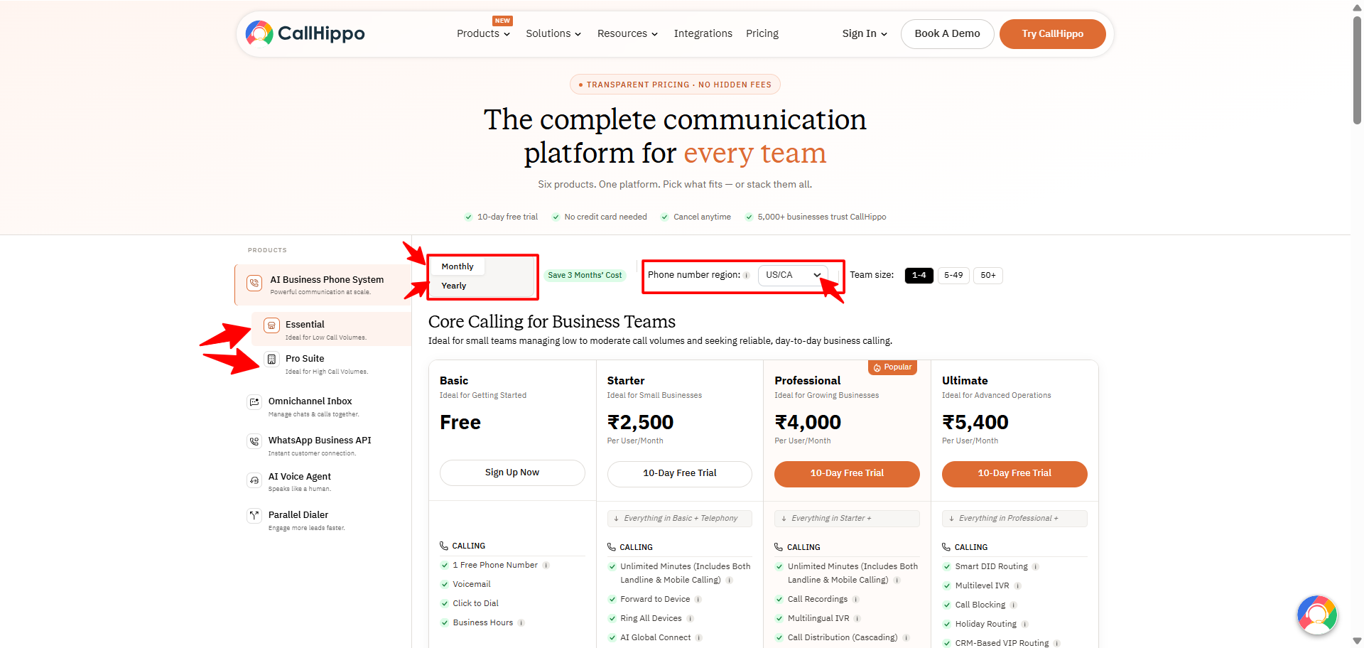 CallHippo pricing page showing plan cards, billing toggle and phone number region selector