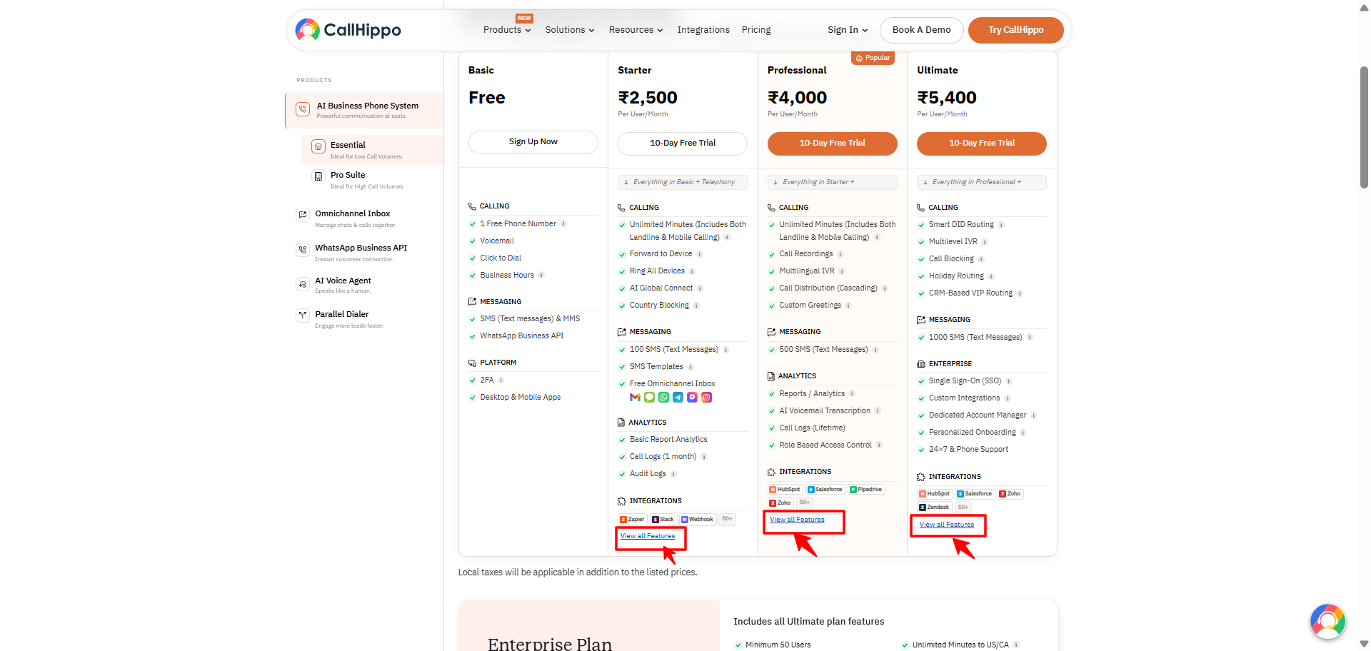 CallHippo Basic, Starter, Professional and Ultimate plan feature lists with View all Features links