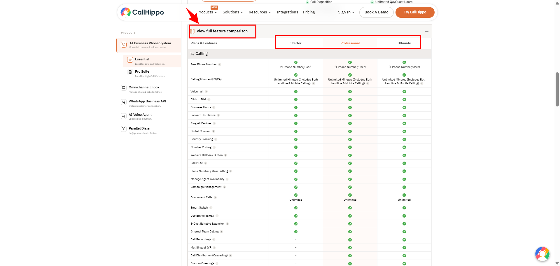 CallHippo full feature comparison table across Starter, Professional and Ultimate plans