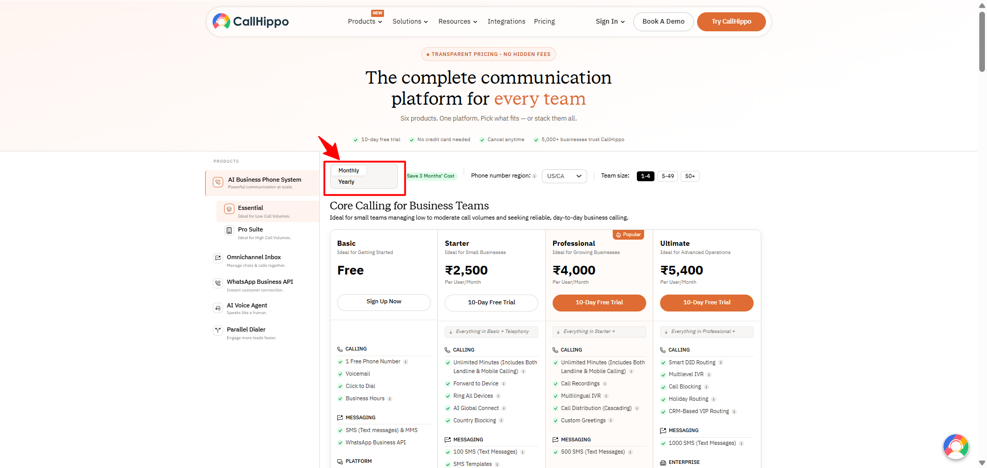 CallHippo pricing page billing toggle to switch between Monthly and Yearly billing