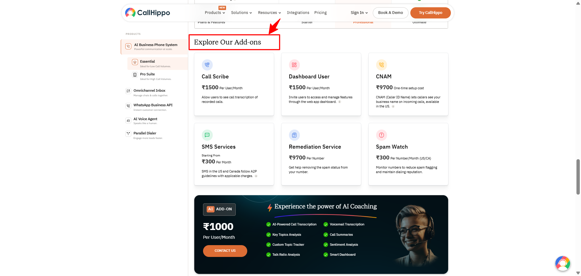 CallHippo add-on services section showing Call Scribe, Dashboard User, CNAM, SMS Services and more