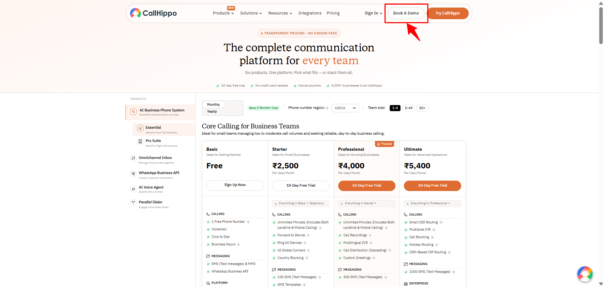 CallHippo pricing page with the Book A Demo button highlighted