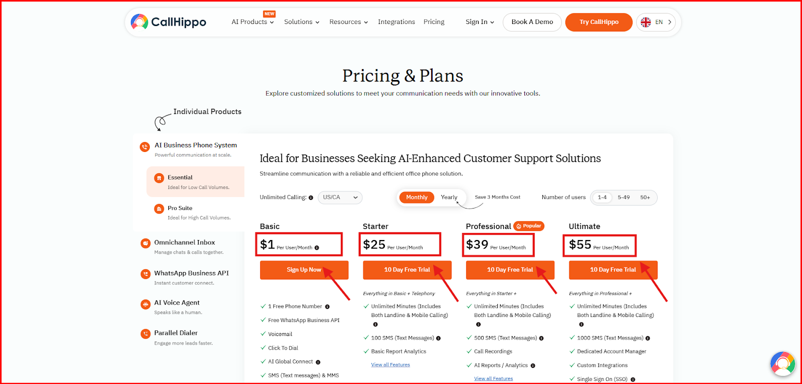 CallHippo Pricing and Plans page showing per-user monthly prices for Basic, Starter, Professional, and Ultimate plans