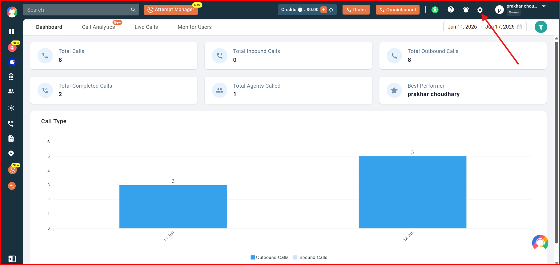 CallHippo dashboard with the settings gear icon highlighted in the top right corner