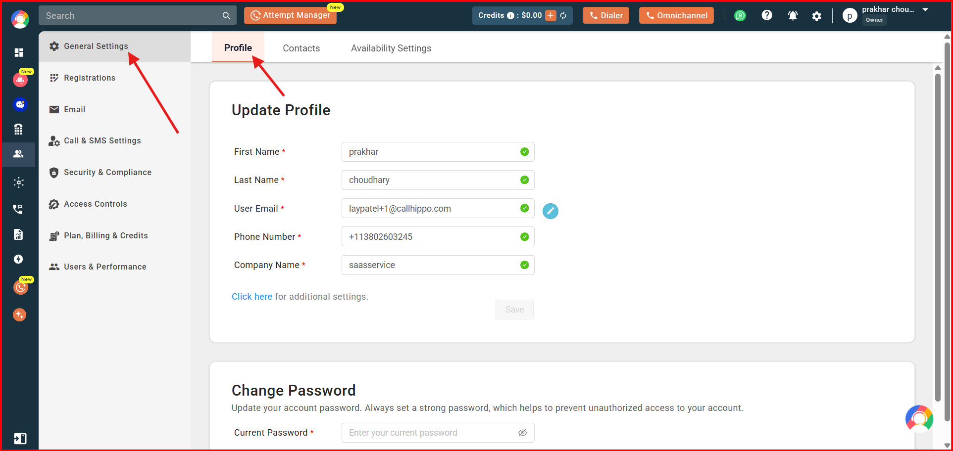 CallHippo Update Profile screen showing First Name, Last Name, User Email, Phone Number and Company Name fields