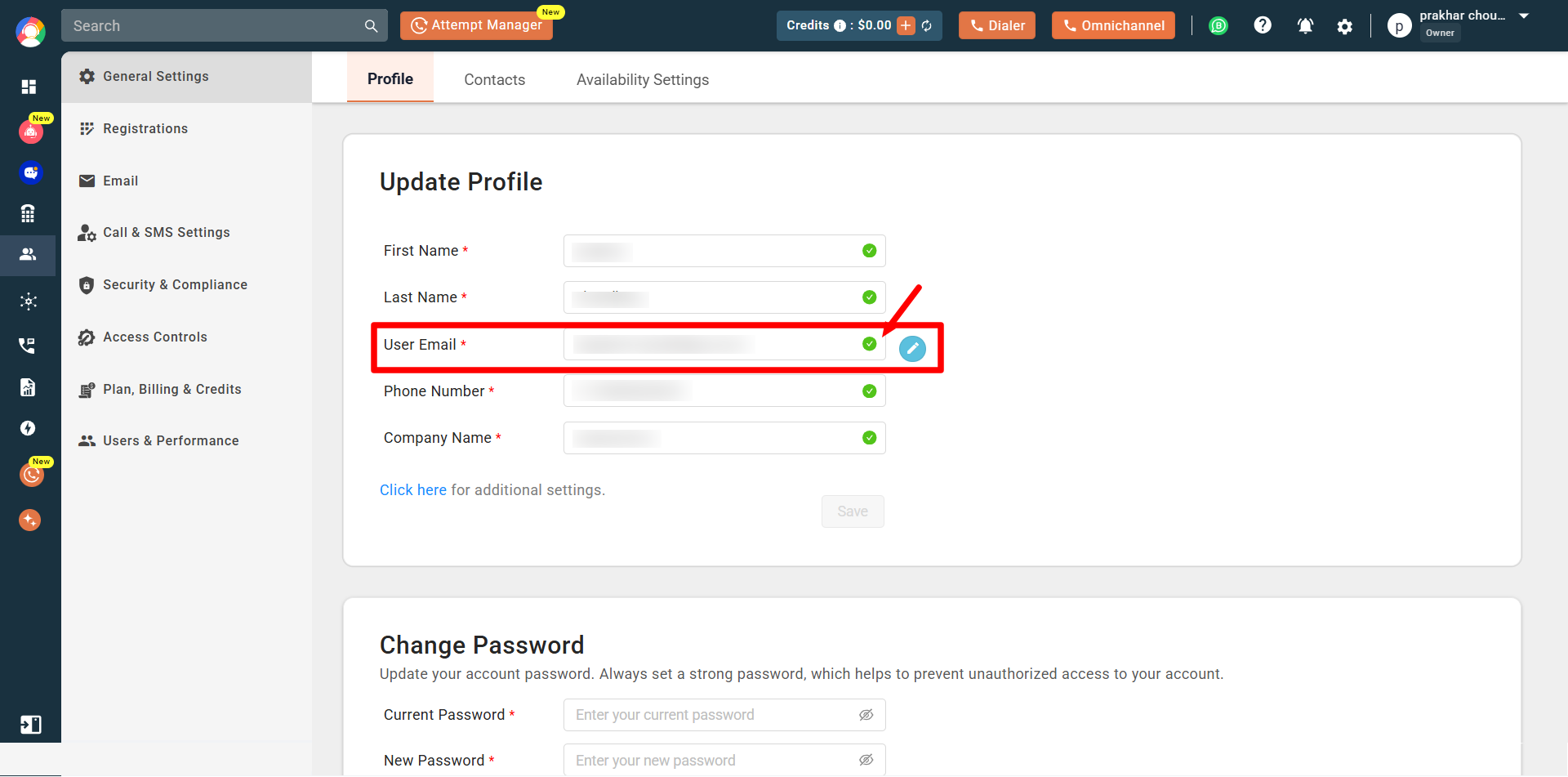 User Email field highlighted on the CallHippo Update Profile page