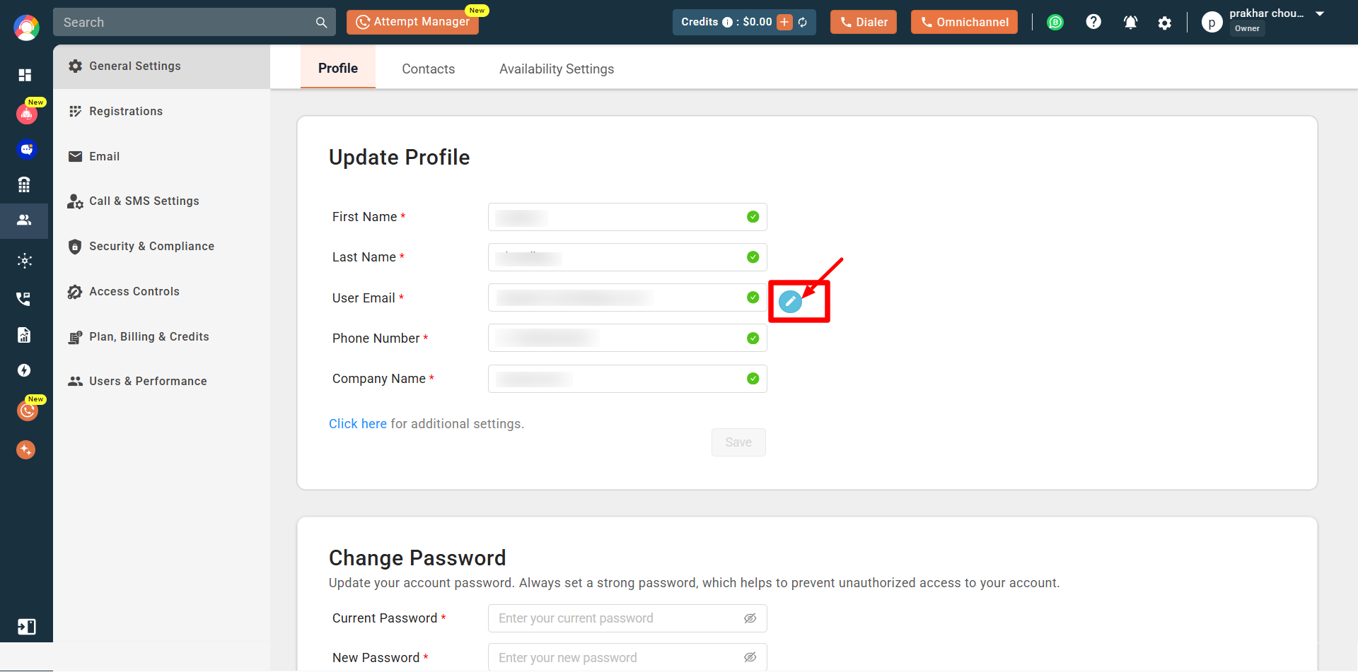 Blue pencil icon next to the User Email field highlighted to confirm the email change