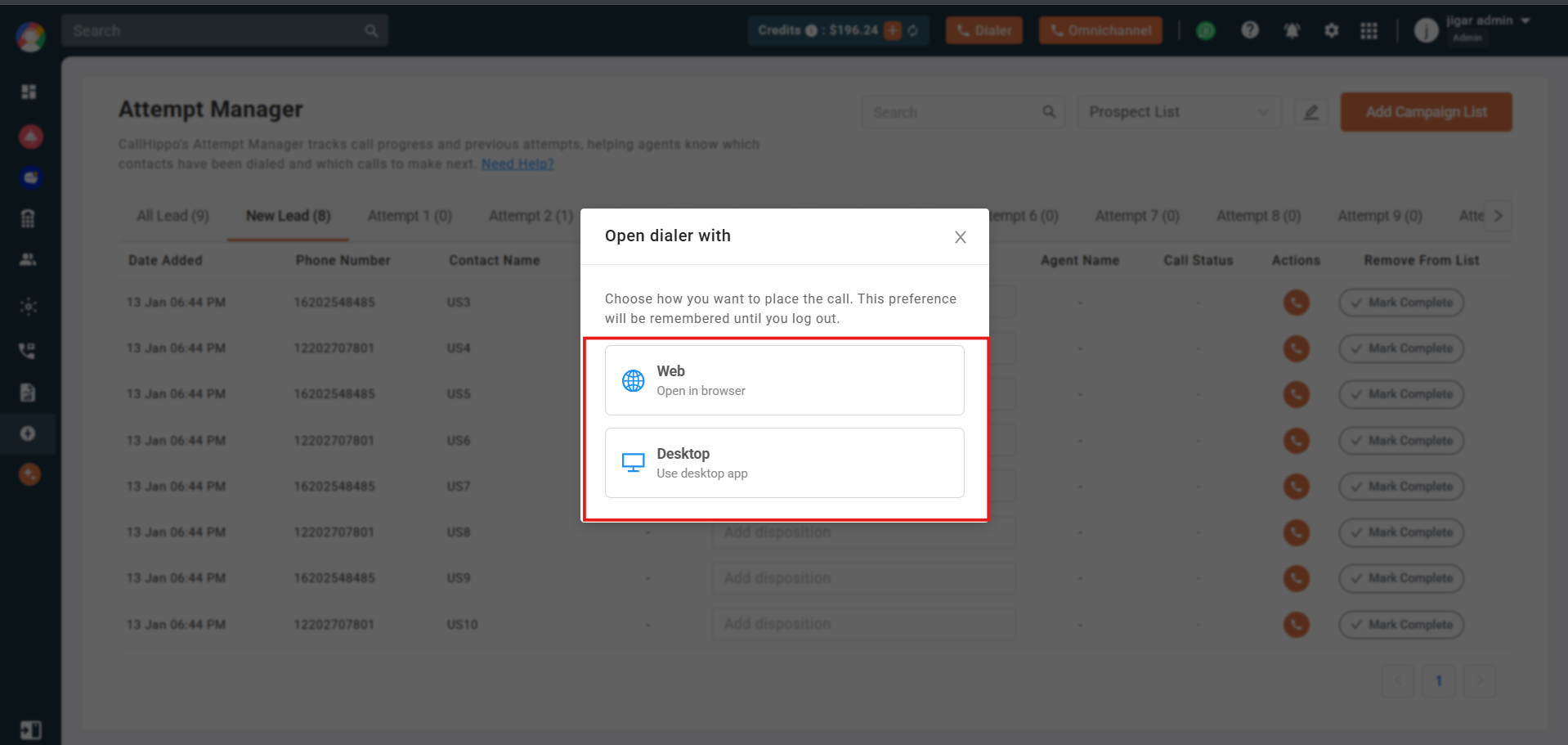 Open dialer with popup offering Web (open in browser) or Desktop (use desktop app) options