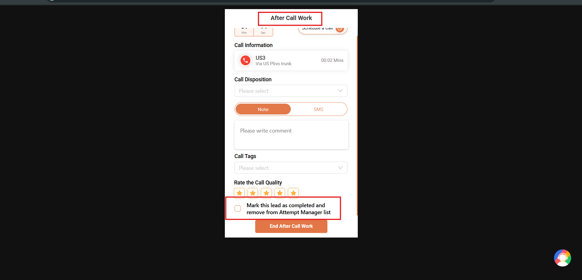 After Call Work screen with the Mark this lead as completed and remove from Attempt Manager list checkbox highlighted