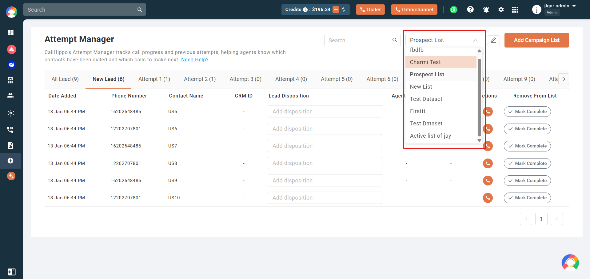 Attempt Manager with the campaign filter dropdown open showing multiple loaded lists to switch between