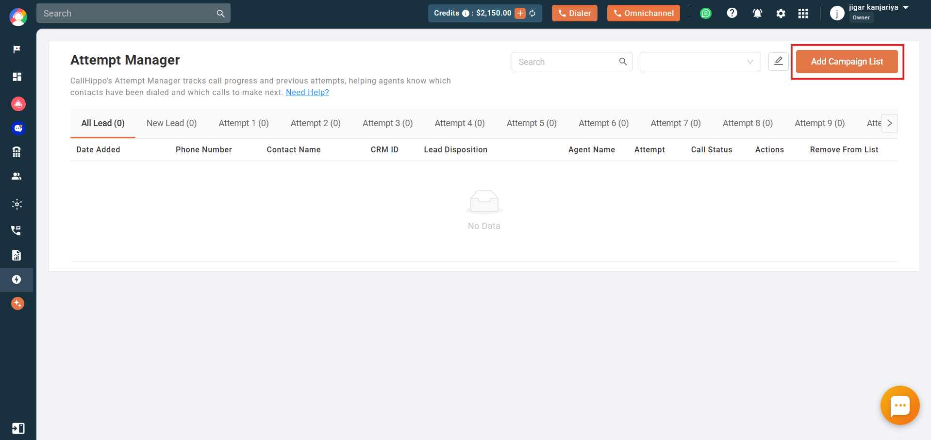 Empty Attempt Manager page with the Add Campaign List button highlighted
