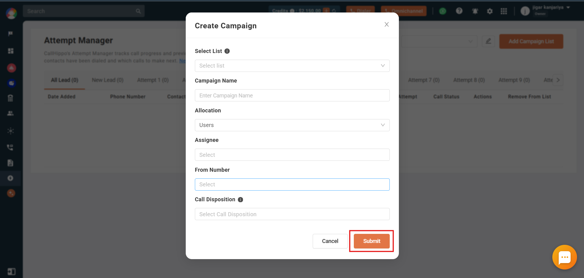 Create Campaign popup with Select List, Campaign Name, Allocation, Assignee, From Number and Call Disposition fields and a Submit button