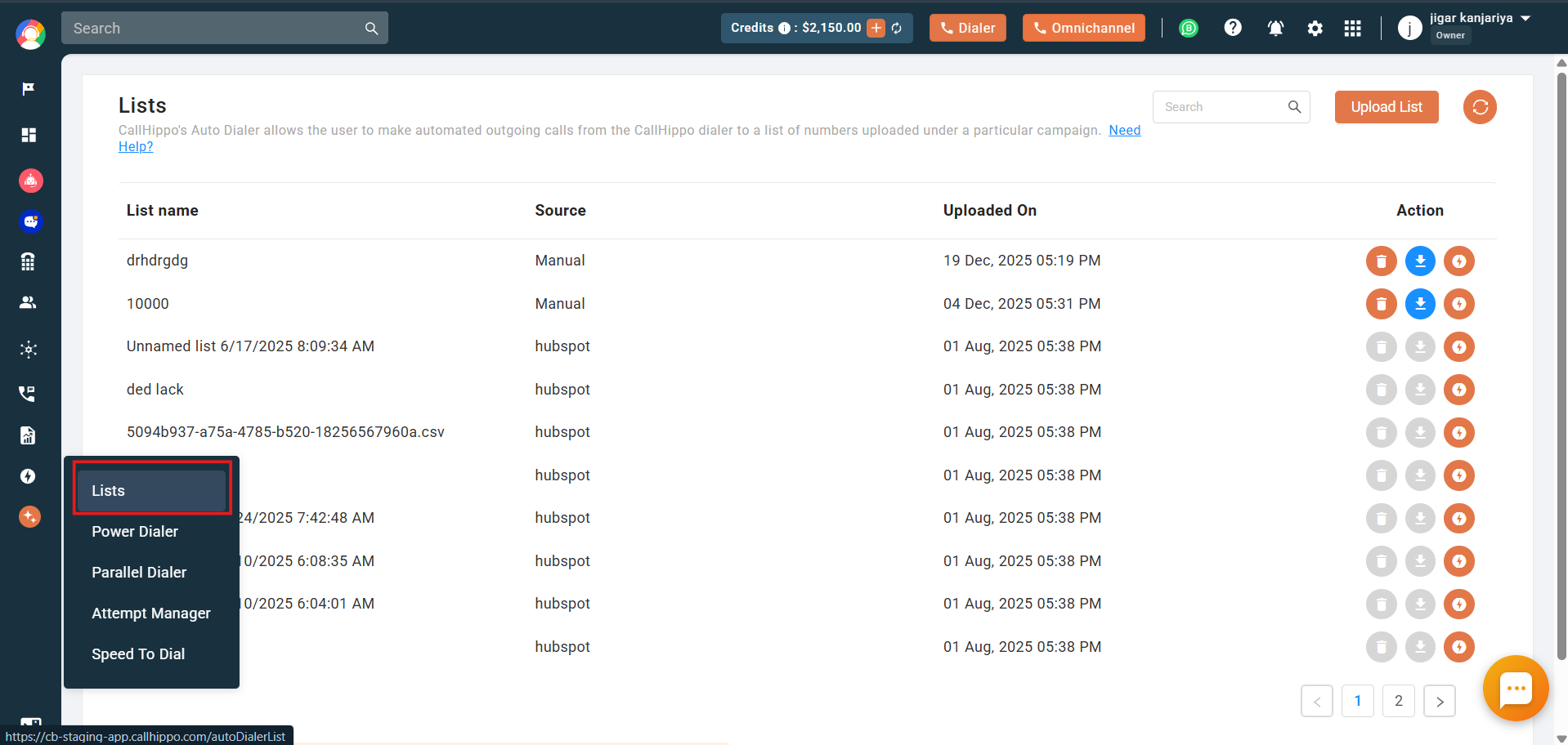Auto Dialer menu with Lists highlighted showing the list of uploaded contact lists