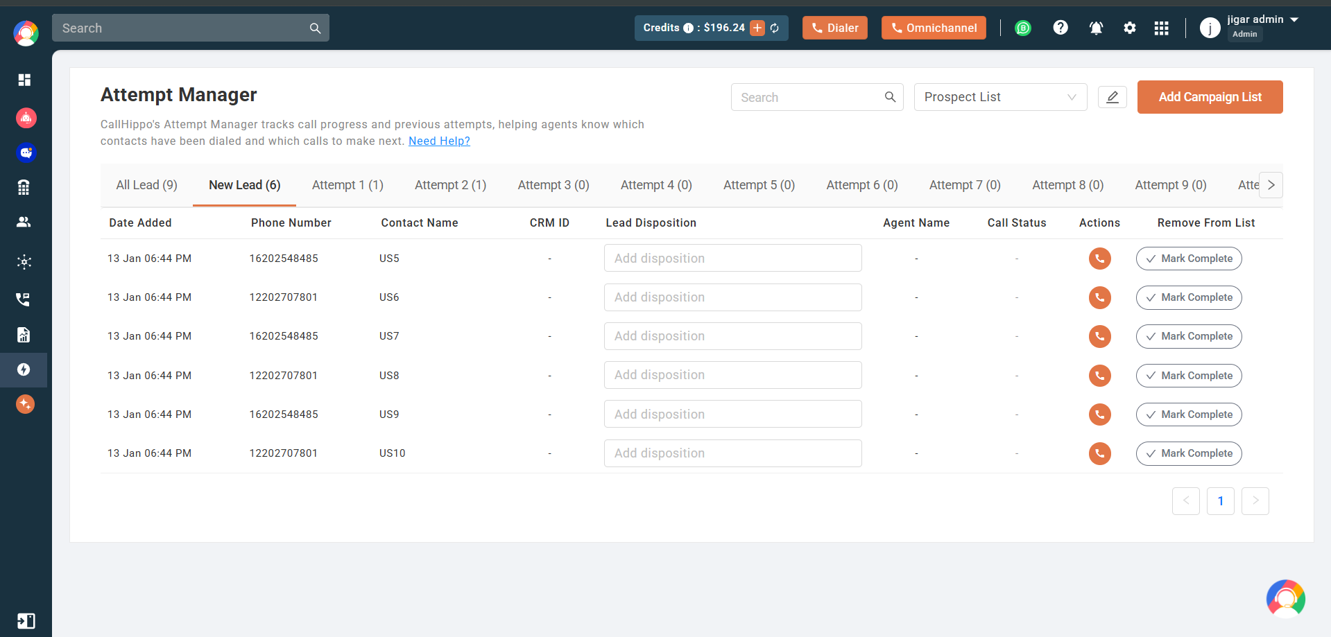 Attempt Manager showing the New Lead tab with contacts that have not been called yet