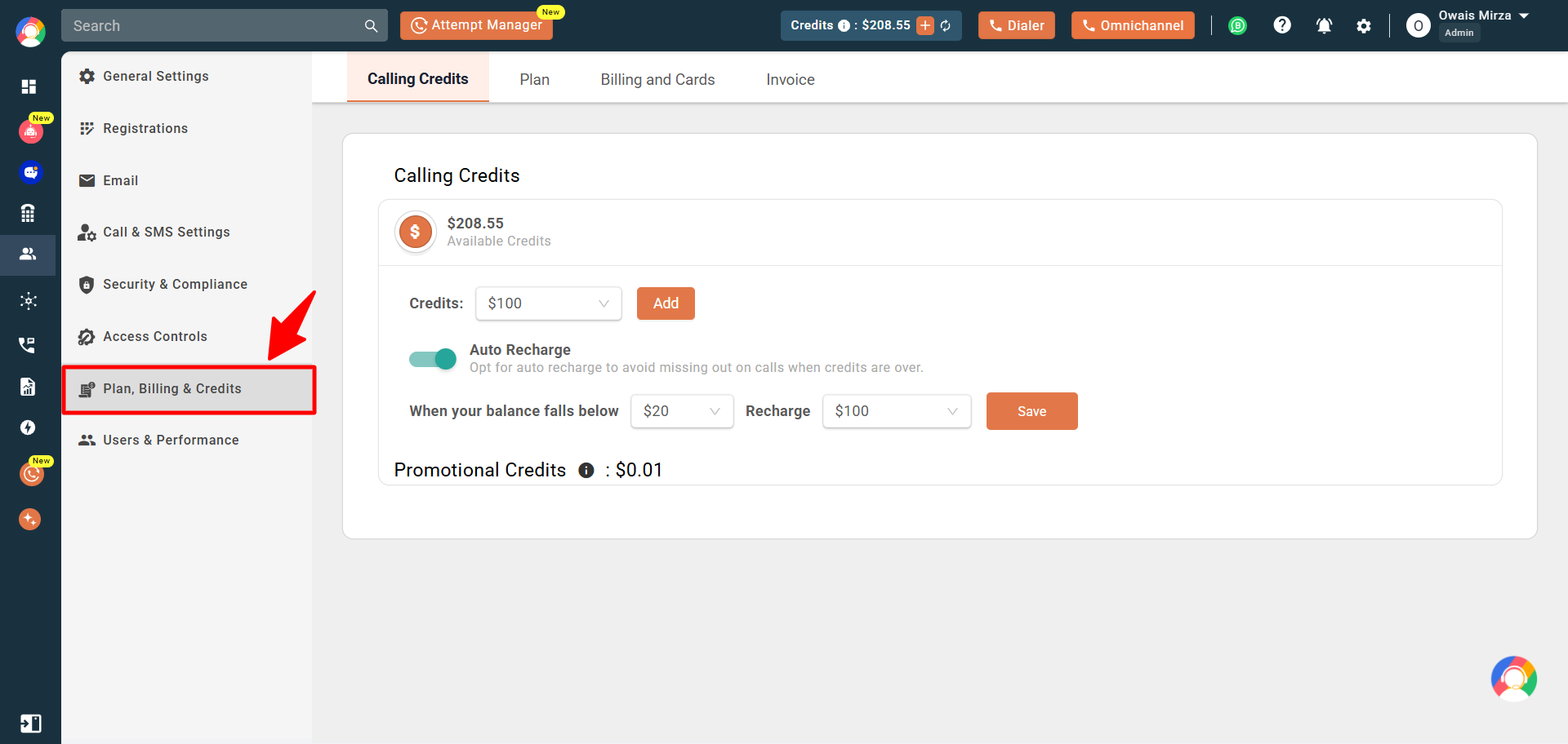 Plan, Billing and Credits section open on the Calling Credits tab in CallHippo settings