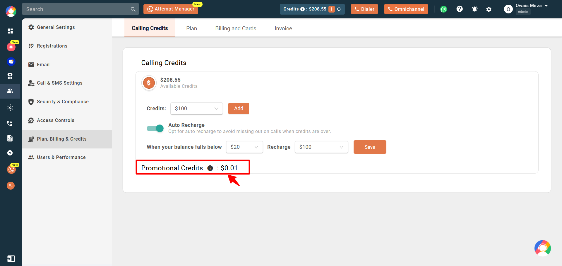 Promotional Credits balance displayed below the Calling Credits section in CallHippo