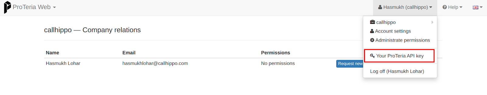 Proteria Web profile menu with Your ProTeria API key option highlighted