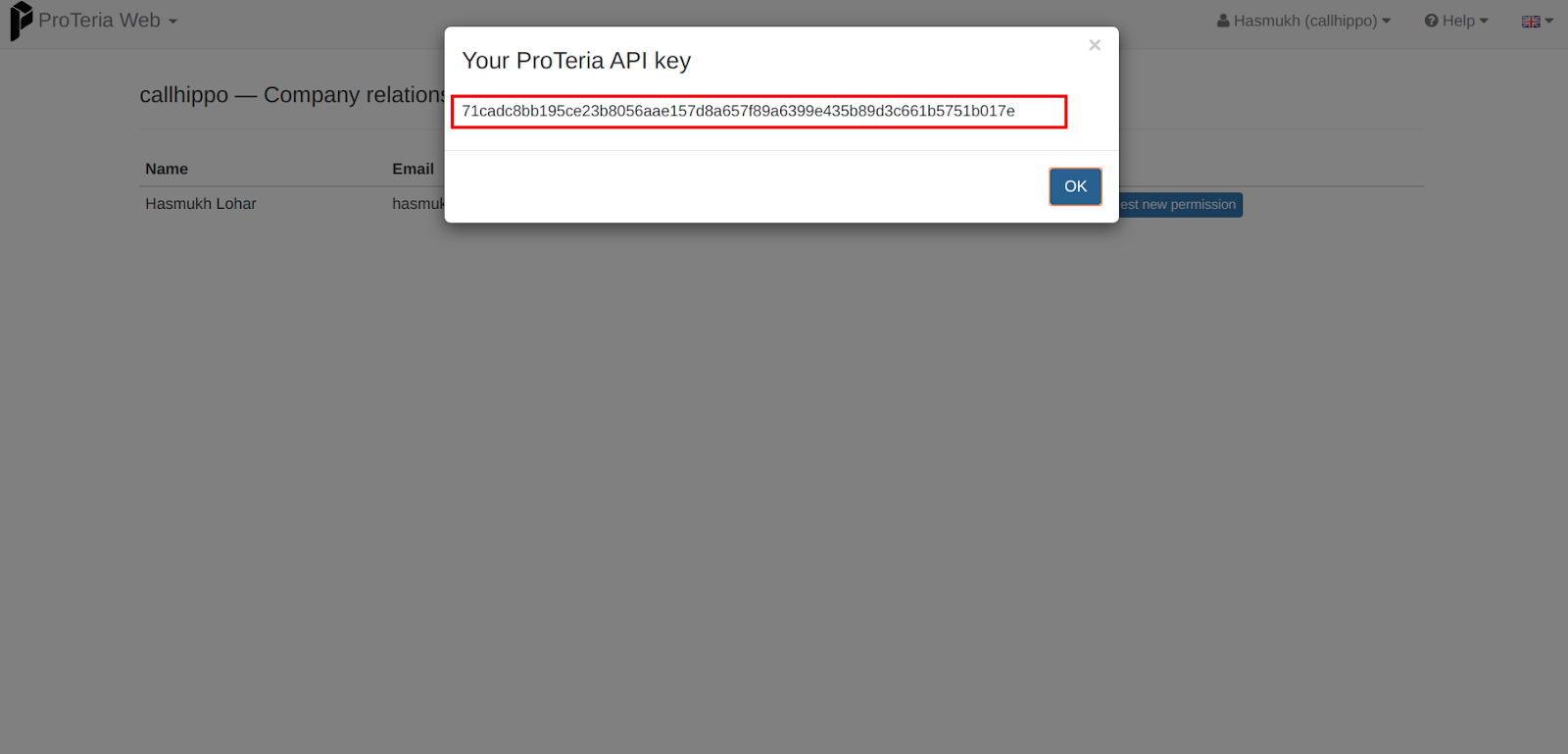 Proteria Your ProTeria API key dialog showing the API key value