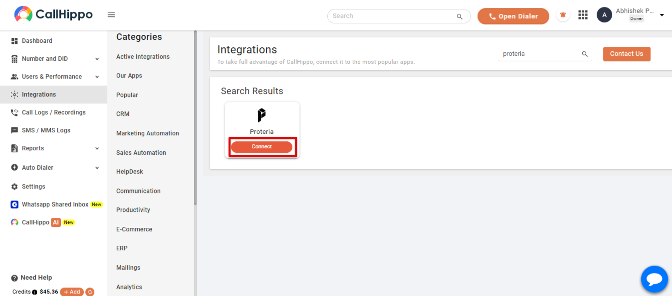 CallHippo Integrations page with Proteria search result and Connect button highlighted