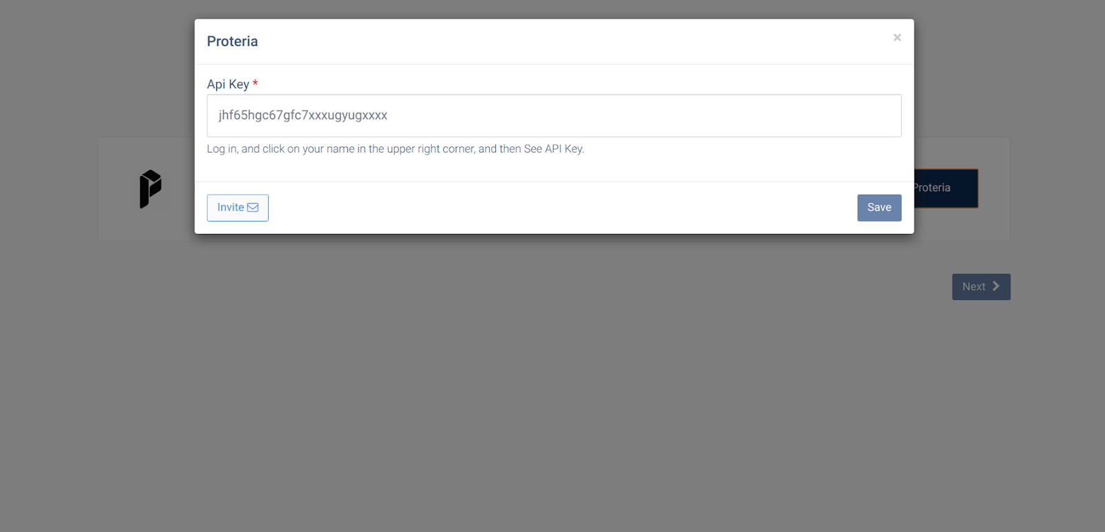 CallHippo Proteria setup popup with API Key field and Save button