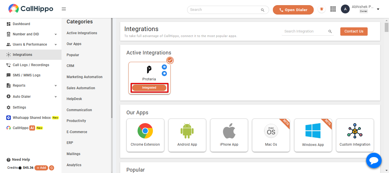 CallHippo Active Integrations showing Proteria status changed to Integrated