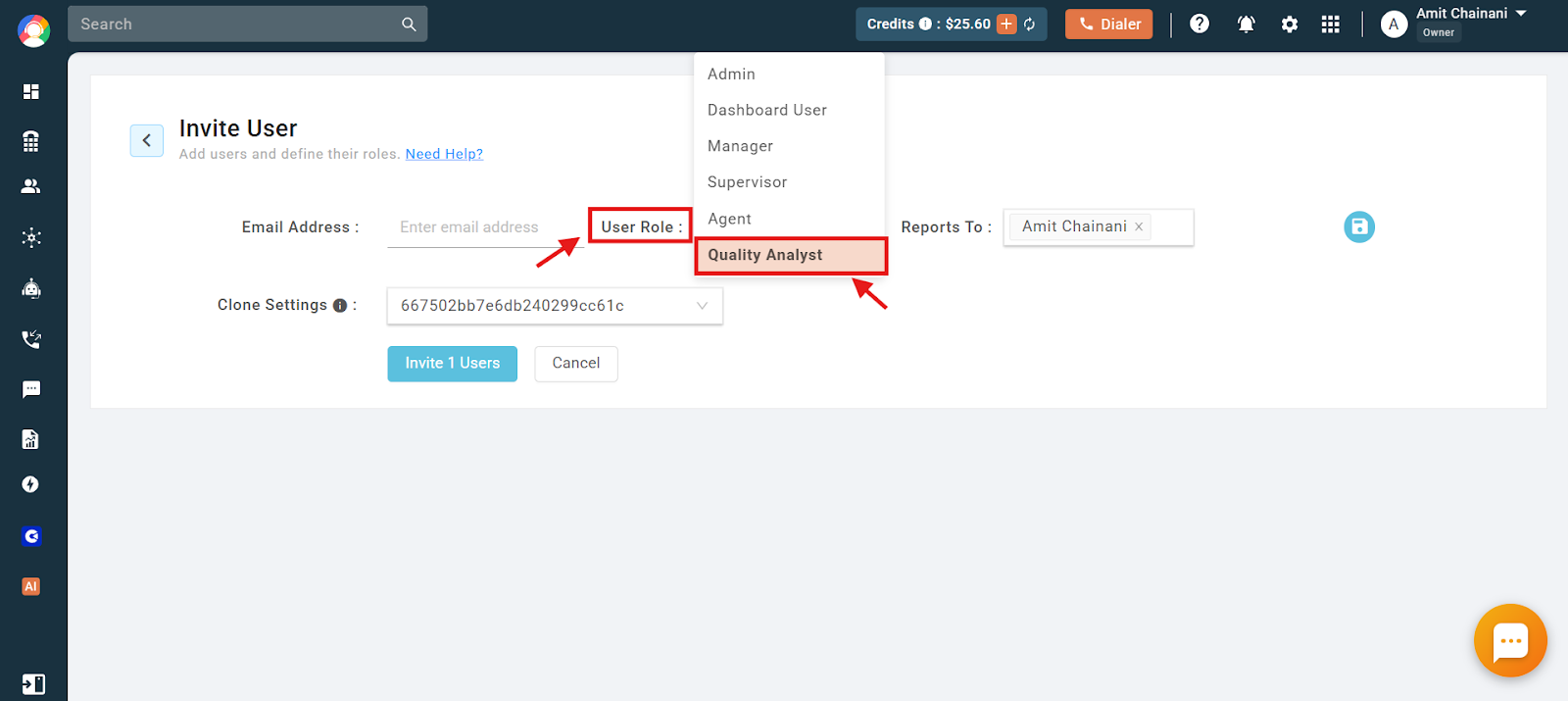 CallHippo Invite User screen with Quality Analyst selected in the User Role dropdown
