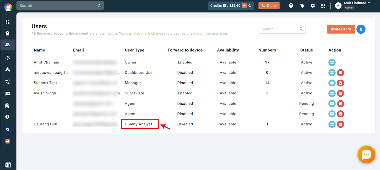 CallHippo Users list showing a user with the Quality Analyst user type