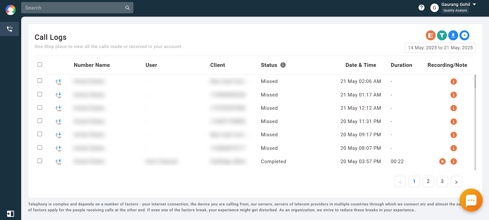 Call Logs screen as seen by a Quality Analyst user, showing call records and recordings only