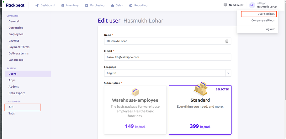 Rackbeat account with User settings menu open and API link highlighted in the sidebar