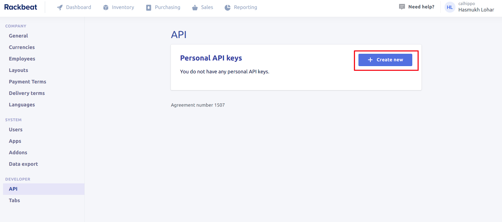 Rackbeat API page with the Create new personal API key button highlighted
